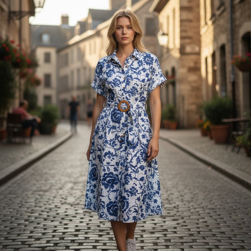 CHARLIE B White Midi Shirt Dress with Blue Floral Print and Belt